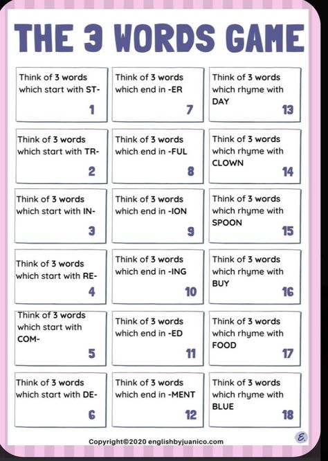 English Class Icebreakers, Brain Warm Up Activities, Games For Third Graders, The Three Words Game, Finish The Phrase Game For Seniors, 3 Word Game, 5 Second Game Questions, Name Three Things Game, The 3 Words Game