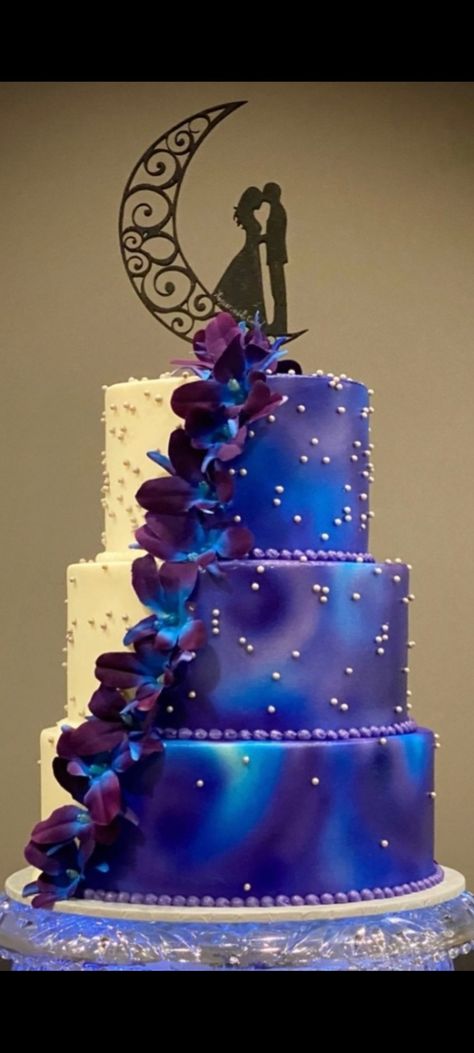 Black Blue And Purple Wedding Dress, Galaxy Themed Wedding Decor, Royal Blue And Dark Purple Wedding Theme, Dark Blue And Dark Purple Wedding, Purple Theme Wedding Cake, Purple And Teal Wedding Dress, Royal Blue Purple And Gold Wedding, Purple Blue Wedding Cake, Turquoise And Purple Wedding Decorations