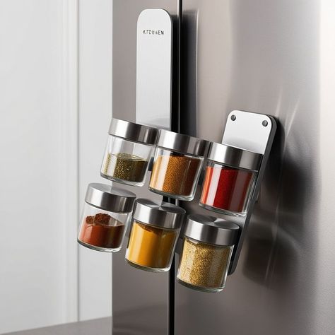 Magnetic Spice Jars Magnetic spice jars with stainless steel lids attached to a refrigerator, showcasing a variety of colorful spices. | Sky Rye Design Magnetic Spice Rack, Magnetic Spice Jars, Diy Projects For Men, Organizational Hacks, Magnetic Spice, Door Shoe Organizer, Stackable Storage Bins, Vacuum Storage Bags, Vacuum Storage