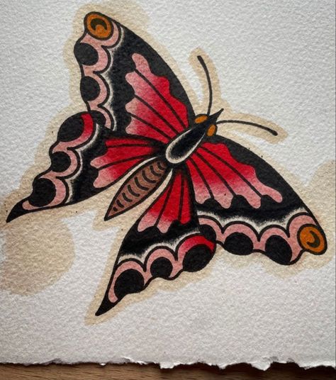 Feminine American Traditional Tattoos Butterfly, Traditional Butterflies Tattoo, American Trad Butterfly Tattoo, Traditional Japanese Butterfly Tattoo, American Traditional Butterfly Flash, American Trad Butterfly, Butterfly American Traditional Tattoo, Traditional Butterfly Tattoo Color, American Traditional Tattoos Moth