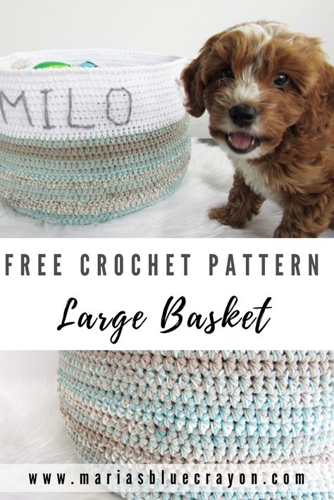 Caron Cakes Crochet, Caron Cakes, Cotton Cake, Blue Crayon, Crochet Storage Baskets, Dog Toy Basket, Crochet With Cotton Yarn, Crochet Baskets, Crochet Storage