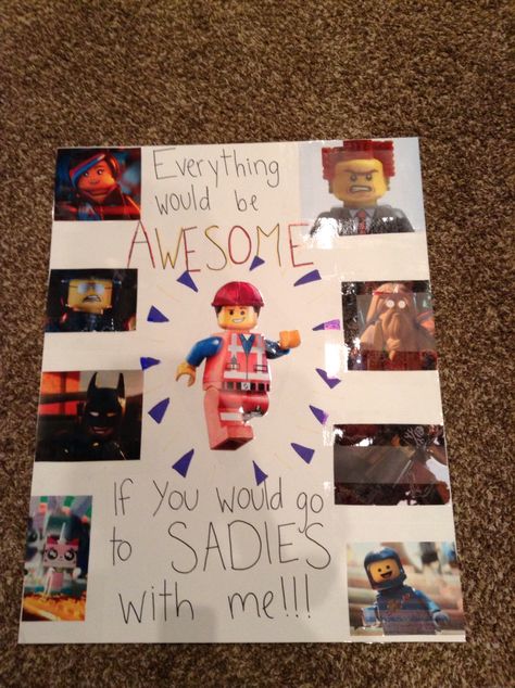 My first Sadies dance! Lego Movie way to ask someone to a dance:) Lego Dance Proposal, Sadie’s Dance Poster Ideas, Funny Dance Asks, Sadie’s Posters Dance, Sadie’s Dance Posters, Lego Promposal, Response Posters, Dance Asks, Prom Posals