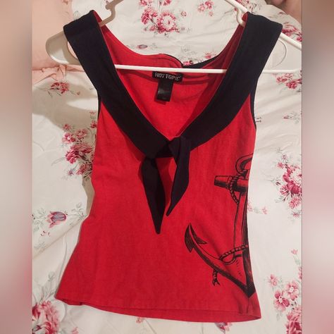 Really Cute Hot Topic Rockabilly Sailor Jerry Type Top Red And Black With A Huge Anchor On The Side Size Small Like New Never Worn #Rockabillytops #Gothpunk #Sailorjerry #Hottopic #Sourpuss #Banned #Punk #Emo #Phsycobilly Early 2000s Punk Fashion, Red Mcbling, Punk Fashion Outfits, 2000s Punk Fashion, Hot Topic Outfits, Rockabilly Aesthetic, Rockabilly Jewelry, Hot Nerds, Thrift Ideas