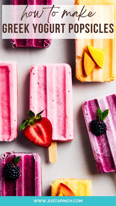 easy greek yogurt popsicle recipe Honey Yogurt Popsicles, Yogurt And Fruit Popsicles, Cherry Yogurt Popsicles, Berry Yogurt Popsicles, Yoghurt Popsicle Recipes, Strawberry Greek Yogurt Popsicles, Creamy Fruit Popsicles, Homemade Greek Yogurt Popsicles, Easy Fruit Popsicle Recipes