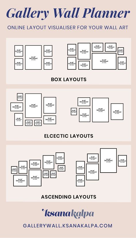 Wall Photo Layout Ideas, 5 Piece Gallery Wall Layout, Gallery Wall Ideas 6 Frames, Different Size Frames On Wall, Photo Wall Placement Layout, Photo Wall Collage Measurements, Art Layout On Wall, 7 Frame Gallery Wall Layout, 7 Frames On Wall Layout