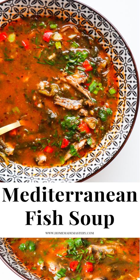 Mediterranean fish soup recipe! The shining stars in this amazing Mediterranean soup are the tomatoes, sardines and dill. This is a light, satiating and healthy lunch or dinner idea that you'll want to make again and again and again. You can make the soup with whatever kind of fish fillets you have. How To Eat Sardines, Sardine Recipes Canned, Fish Soup Recipe, Mediterranean Soup, Recipe With Tomatoes, Mediterranean Fish, Fish Stew Recipes, Seafood Soup Recipes, Wraps Recipes Healthy