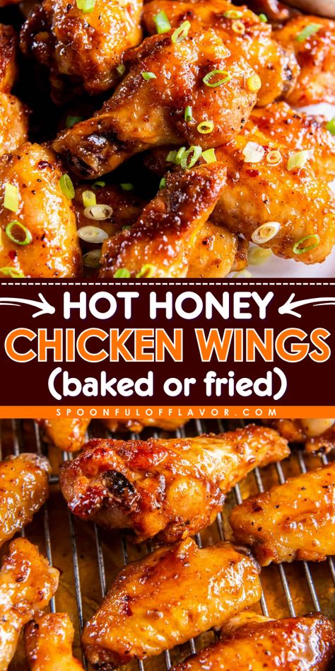 These homemade hot honey chicken wings are cooked to crispy perfection and are coated in a delicious hot honey sauce. They are perfect for game day gatherings or an easy weeknight dinner! Bake, grill, air fry or deep fry these wings. Chicken Wing Airfryer, Chicken Wing Oven Recipes, Chicken Wings Grill, How To Make Bbq Chicken Wings, Fried Chicken Wings Recipe Crispy, Hot Honey Wings Recipes, Hot Honey Wing Sauce, How To Cook Chicken Wings, Honey Jerk Wings