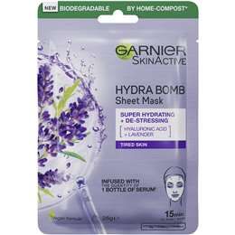 Garnier Hydra Bomb Sheet Mask Hyaluronic Acid & Lavender Each Hydrating Sheet Mask, Brightening Face Mask, Turmeric Face Mask, Hydrating Face Mask, Face Sheet Mask, Garnier Skin Active, Fresh Skin, Hyaluronic Acid Serum, Hydrating Serum