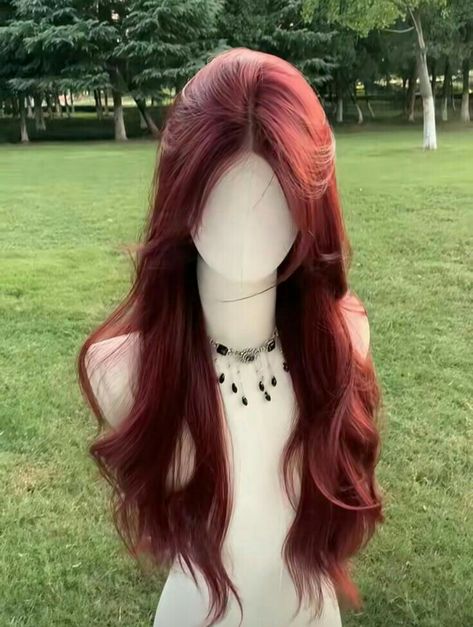 Redhair Wigs, Hairstyle With Roses, Dyed Asian Hair, Red Hair Asian, Red Hair Wigs, Hair Color Ideas Red, Rose Red Hair, Edgy Hair Color Ideas, Long Red Wig