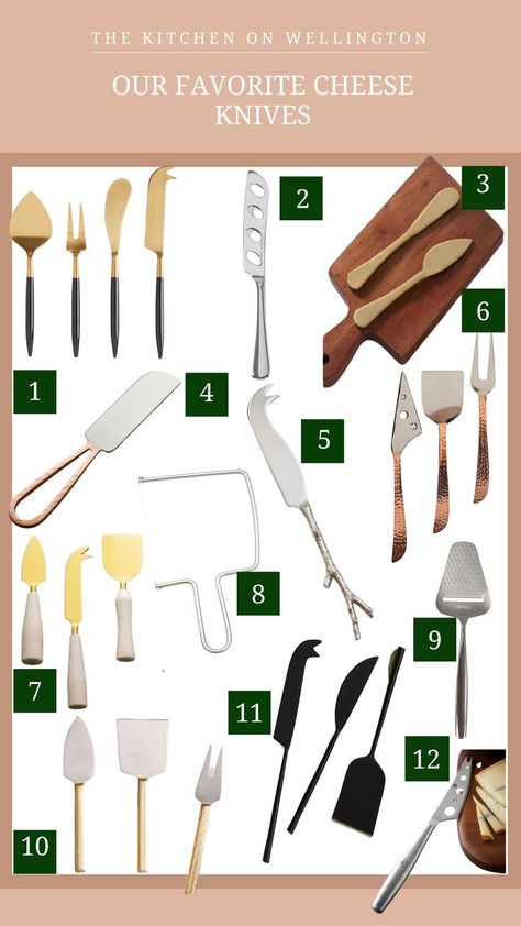 A guide that includes pictures of our favorite cheese knives Cheese Knife Guide, Charcuterie Gifts, Knife Guide, Entertaining Gifts, Cheese Knife, Cheese Knives, Wellington, Gift Guide, The Kitchen