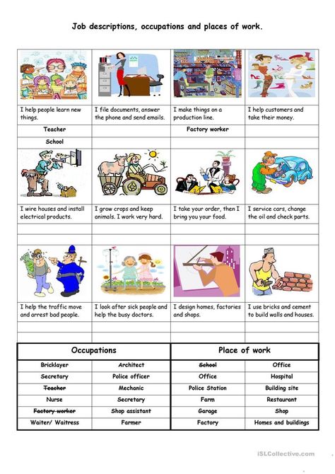 Job descriptions, occupations and places of work - English ESL Worksheets for distance learning and physical classrooms Picture Description Worksheets, Description Ideas, English Teaching Materials, English Exercises, Learning English For Kids, Picture Writing Prompts, Resume Skills, Esl Teachers, Picture Description