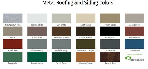 Metal Roof And Siding Colors | ASC Building Product Metal Roof Houses Color Combos, Steel Siding Colors, Copper Roof House, Copper Metal Roof, Metal Siding Colors, Siding Colors For Houses, Vinyl Siding Colors, Metal Roof Panels, Black Metal Roof