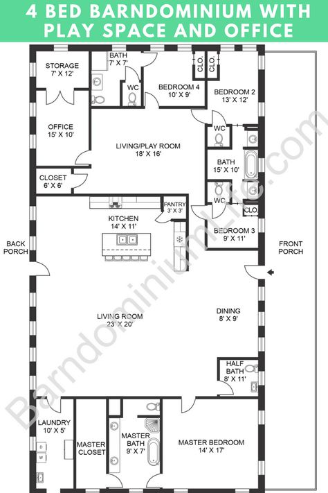 This is the layout of our dreams for anyone who wants a home with plenty of space to relax. Porches on the front and back of the house allow for outdoor entertaining, while the open concept living area provides lots of space to stretch out.  All of the regular bedrooms are located off a large playroom, which is the perfect way to separate them from the noise of the main area. 4 Bedroom Barndominium Floor Plans, Barndominium Plans, Little House Plans, Pole Barn House Plans, Floor Plan 4 Bedroom, 4 Bedroom House Plans, Barndominium Floor Plans, Simple House Plans, Bedroom Floor Plans