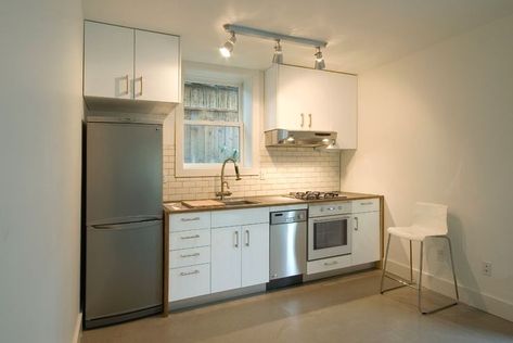 Small Single Wall Kitchen, Single Wall Kitchen Ideas, Wall Kitchen Ideas, One Wall Kitchen Layout, Dapur Mini, Single Wall Kitchen, One Wall Kitchen, Basement Kitchenette, Small Apartment Kitchen