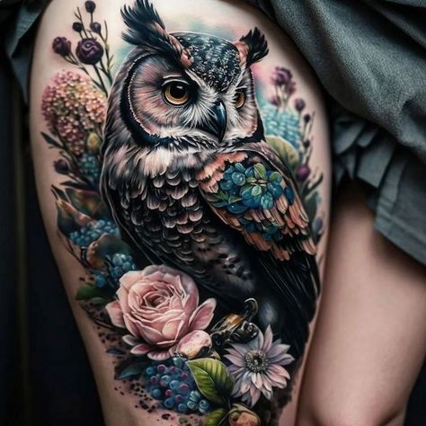 Owl Tattoo With Color, Owl Half Sleeve Tattoo, Owl Wing Tattoo, Owl Tattoo For Women Unique, Bae Tattoo, Aggrogoth Tattoo, Snowman Tattoo, Owl Thigh Tattoos, Cyberciligism Tattoo