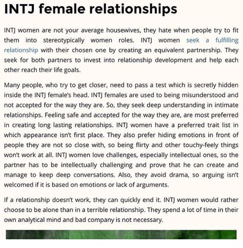 INTJ female relationships -- This succinctly explains, for the most part, how I am/feel about relationships. I do have a trait list: kind, generous, understanding, funny -- and appearance isn't at the top. ~Missy Intj 5w6 Female, Intj Women Funny, Intj And Intj Relationship, Enfp Boyfriend Intj Girlfriend, Intj In Relationships, Intj Relationships Match, Enfp Male X Intj Female, Entj And Intj Relationship, Intj Flirting