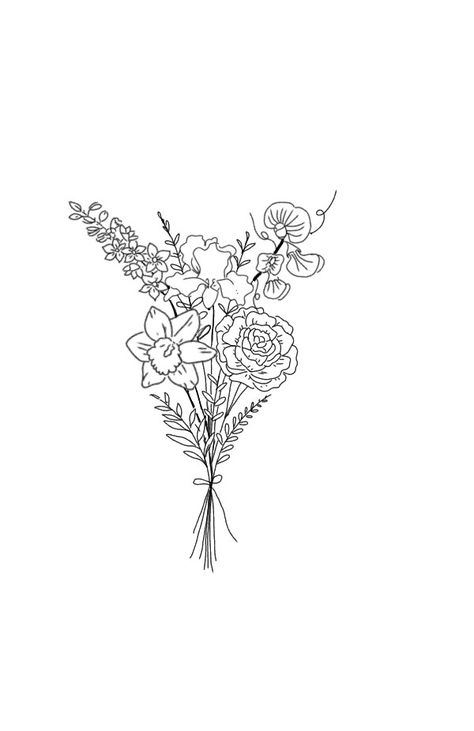 Small Flower Bunch Tattoo, Flowers In Vase Tattoo, Bunch Of Flowers Drawing, Bouquet Of Flowers Tattoo, Birth Flower Bouquet Tattoo, Coverup Ideas, Dandelion Tattoo Design, Tattoos 2024, Simple Forearm Tattoos