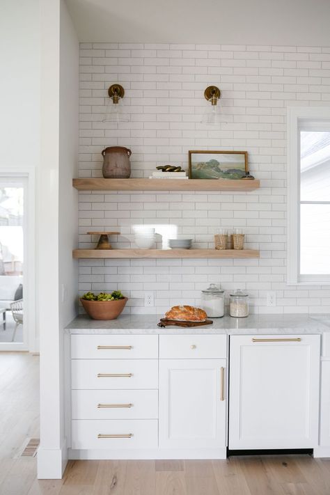 Cedar Floating Shelves Kitchen, Floating Shelves White Kitchen, White Kitchen Wood Shelves, White Kitchen Cabinets With Wood Floating Shelves, Natural Wood Floating Shelves Kitchen, White Oak Shelves Kitchen, Oak Floating Shelves Kitchen, White Oak Floating Shelves Kitchen, Backsplash With Floating Shelves