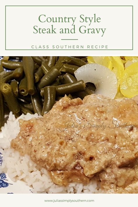 Country Style Steak and Gravy Recipe is a classic Southern recipe. Cubes steaks are partially cooked in a skillet before being smothered in a homemade gravy to bake in the oven until melt in your mouth tender. Delicious served over cooked rice. #beef #countrystylesteak #cubedsteaks #southernfood #southernrecipes #juliassimplysouthern Country Style Steak And Gravy Recipes, Country Style Cube Steak And Gravy, Cubed Steak Gravy Recipe, Country Style Steak In Oven, Cube Steak And Gravy Recipes Oven, Rice With Gravy Recipes, Smother Steak, Country Steak And Gravy, Braised Cube Steak