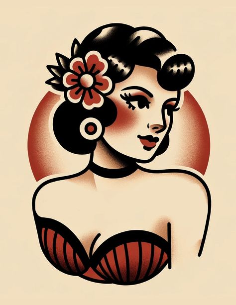 Vintage Pinup Traditional Tattoo Art Print - Etsy Pinup Art Tattoo, 50s Pinup Tattoo, Blonde Pinup Tattoo, 50s Style Tattoos, American Traditional Artwork, Oldie Tattoos, Traditional Style Tattoos For Women, American Traditional Tattoos Pinup, Girly Pinup Tattoo