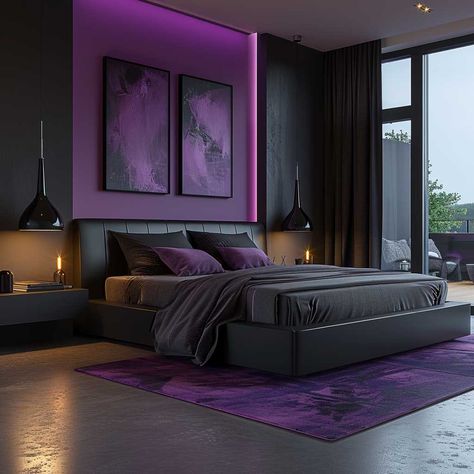 Elegant Bold Black and Purple Bedroom Interior Color Combination • 333+ Art Images Purple Velvet Bedroom Ideas, Black Gold And Purple Bedroom, Royal Purple Bedroom Ideas, Black And Lavender Bedroom, Purple And Black Room Aesthetic, Purple Bedroom Inspirations, Purple House Interior Ideas, Black And Purple Bedroom Ideas, Purple And Black Room