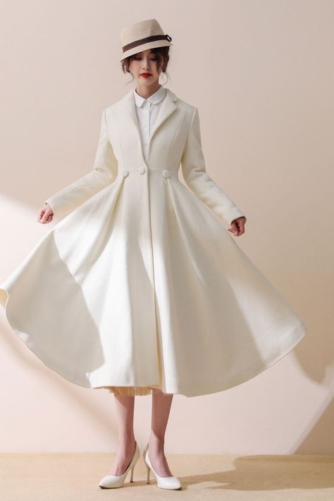 Long Winter Dresses, Winter Wedding Coat, Messenger Games, White Wool Coat, Fit And Flare Coat, Bridal Coat, Victorian Coat, White Winter Coat, Dress Coats