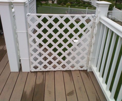 Had to close off my deck to make safe for granddaughter and pets. Used 3/4" pvc, 90 degree elbows, zip ties and plastic lattice panel.Didn't glue the pvc - used the zip ties to connect the lattice to the simple square frame, and after putting some lattice on "hinge" side to prevent rubbing, used long zip ties to make hinges. Does not swing feely but works. Used clam clips to close it - they connected to zip ties on main post.Photo #1 shows simple corners wi... Small Backyard Deck, Outdoor Pet Gate, Pvc Gate, Vinyl Deck Railing, Patio Gates, Diy Dog Gate, Diy Gate, Porch Gate, Deck Gate