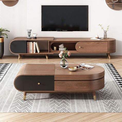 Hernest | 51.1" Mid Century Walnut Extendable Wood Oval Coffee Table with Storage, Sliding Top Hidden Compartment with 2 Drawers Multifunctional Cocktail