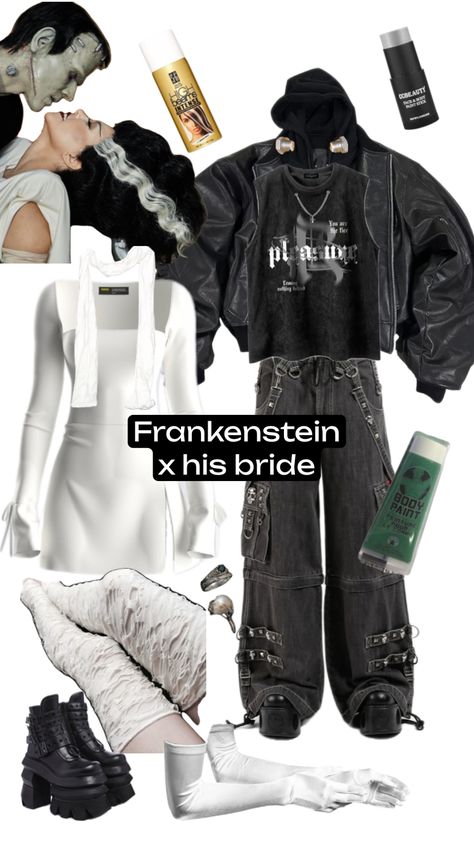 Frankenstein and his bride Halloween couple costume idea #frankensteinsbride #bridecostume #spookycouplecostume #frankensteinsmonster #frankensteincostume #frankensteinxbride Frankenstein And Bride Of Frankenstein Costume, Frankenstein And His Bride, Bride Of Frankenstein Costume, Halloween Couple Costume, Bride Halloween, Frankenstein Costume, Halloween Couple, Couple Costume, Costume Inspo