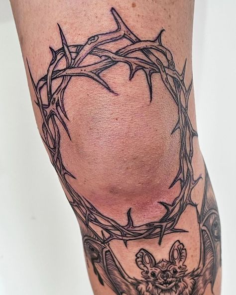 Had another absolutely legend brave this spicy spot ! Crown of thorns around the knee and a fun etchwork style batty boi right on the shin ! Crown Of Thorns Knee Tattoo, Crown Of Thrones Tattoo, Thorn Tattoo Design, Jesus Crown Of Thorns Tattoo, Thorn Crown Tattoo, Crown Of Thorns Tattoo, Thorn Crown, Thorn Tattoo, Jesus Crown