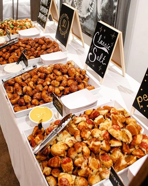 Different Food Stations Wedding, Chicken Nugget Buffet Wedding, Non Traditional Wedding Food Receptions, Stock The Bar Party Food Ideas, Soft Pretzel Cocktail Hour, Food Bars At Weddings, Loaded Potato Bar Wedding, Unique Wedding Food Bars, Tater Tot Bar Wedding