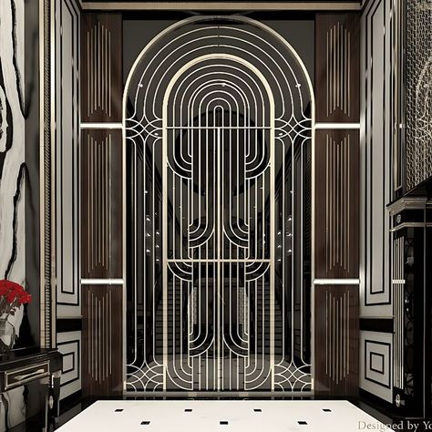 Art Deco Store Interior, Steel Interior Design, Art Deco Doors, Art Deco Arch, Art Deco Door, Space Organization, Lobby Interior Design, Luxury Door, Steel Gate Design