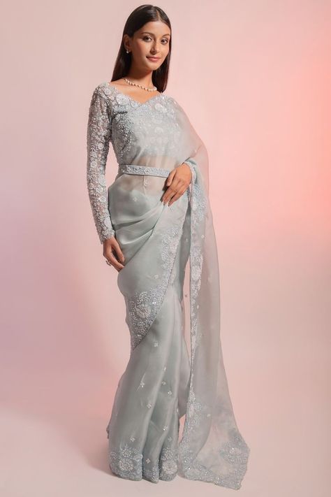 Powder Blue Saree, Bride Reception Dresses, Latest Bridal Dresses, Fancy Sarees Party Wear, Sari Blouse Designs, Embroidered Belt, Unique Blouse, Blue Saree, Embellished Blouse