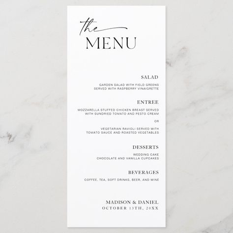 Menus On Wedding Tables, Modern Wedding Menu Cards, Wedding Dinner Menu Ideas Buffet, Wedding Reception Menu Cards, Menu For Wedding Reception, Wedding Menu Black And White, Wedding Dinner Menu Cards, Wedding Menu Place Setting, Elegant Wedding Menu Ideas