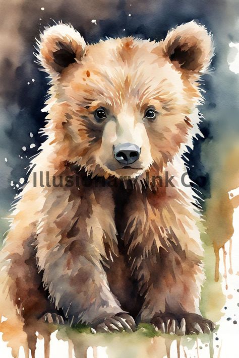 Cute Animals Images Drawings, Bear Paintings Acrylic, Easy Bear Painting, Bear Cub Drawing, Brown Bear Painting, Watercolor Art Animals, Watercolor Bears, Watercolour Bear, Baby Animals Watercolor