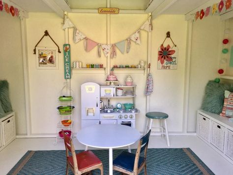 Inside of Handy Home Shed from Home Depot converted to playhouse Inside Playhouse, Shed Playhouse, Play Garden, Wendy House, Kids Playhouse, Kids Play Area, Summer Projects, She Shed, Play House