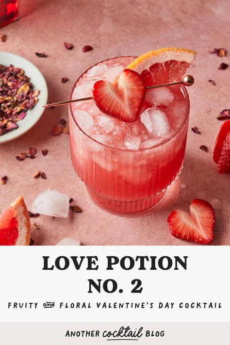 Raise you glass and get romantic with this refreshing love potion cocktail made with a mesmerizing blend of grapefruit juice, strawberry puree and sweet hibiscus syrup. Make this for your special someone this Valentine's Day, or share it with friends at your Galentine's celebration. Love Potion Drink Cocktails, Part Time Lover Cocktail, Love Themed Cocktails, Valentines Day Mocktail, Valentines Day Cocktails Recipes, Valentines Content, Love Potion Cocktail, Valentines Cocktail, Club Cocktails