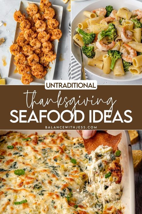 Check out these seafood Thanksgiving recipes using fish, salmon, crab, shrimp and scallops. Whether you're looking for pescatarian or untraditional Thanksgiving dinner ideas, these are the best seafood recipes for a crowd or families. Make these seafood Thanksgiving dishes as appetizers, sides or dinner! Find these recipes and more Thanksgiving menu ideas on the blog. Thanksgiving Dinner Nontraditional, Thanksgiving Recipes Gourmet, Thanksgiving Recipes Asian, Shrimp Thanksgiving Recipes, Seafood Thanksgiving Dishes, Italian Thanksgiving Dinner Ideas, Pasta For Thanksgiving Dinner, Pescatarian Thanksgiving Recipes, Seafood Dishes For A Crowd