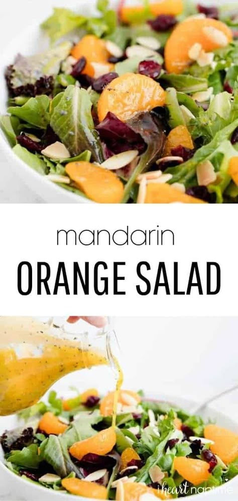 This mandarin orange salad is fresh, sweet and loaded with flavor. It is topped with an amazing homemade orange salad dressing that you can't live without! #orange #orangesalad #salad #saladrecipes #fruit #healthy #healthyrecipes #spring #summer #mandarinoranges #recipes #iheartnaptime Apple Mandarin Orange Salad, Cranberry Orange Salad Recipes, Salads With Fruit And Nuts Healthy, Thanksgiving Fruit Salad Recipes, Citrus Salads, Christmas Salads Recipes Holidays, Salads With Fruit, Orange Salad Dressing, Mandarin Chicken Salad