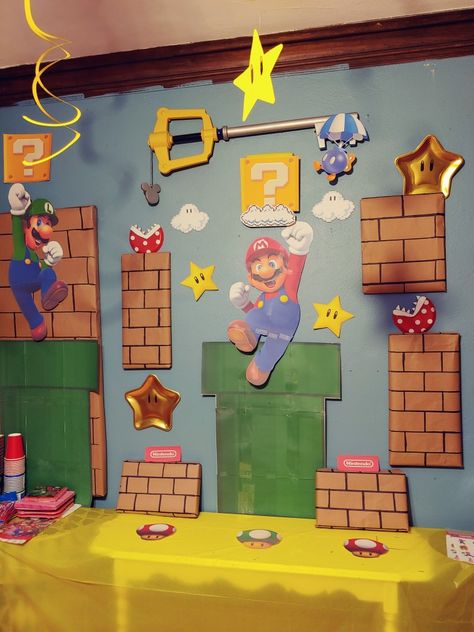 Mario Bros Decor, Super Mario Bros Classroom Theme, Mario Bulletin Board, Mario Bricks, Mario Bros Backdrop, Dollar Tree Plates, Tree Plates, Super Mario Brothers Birthday, Mario Brothers Birthday Party