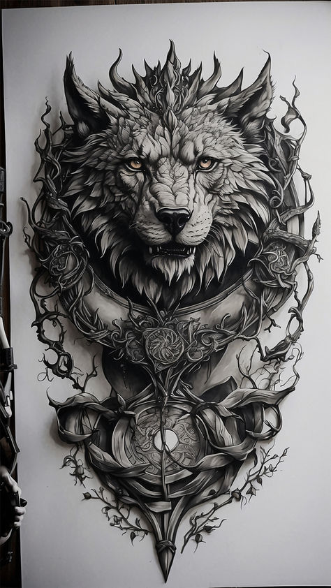 Spirit Wolf Tattoo, Epic Tattoos For Men, Fantasy Wolf Tattoo, Arm Tattoo Wolf, Wolf Back Tattoo, Wolf Sleeve Tattoo, Viking Wolf Tattoo, Wolf Sketch Tattoo, Hellhound Tattoo