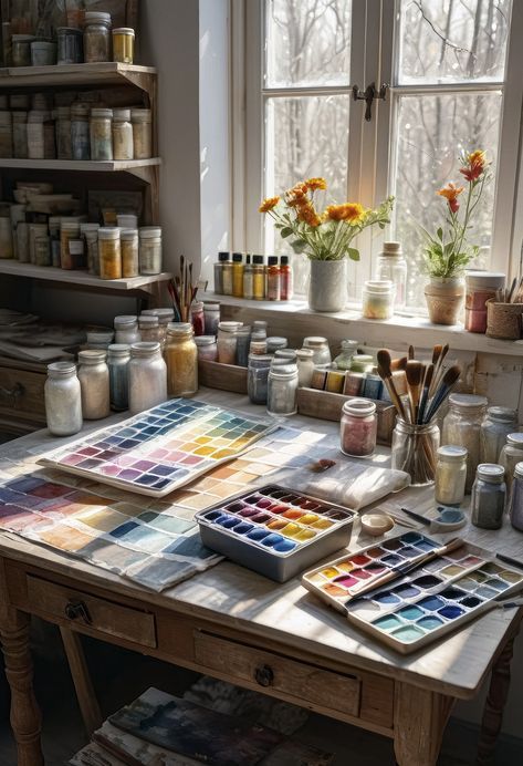 Painting Aesthetic Gouache, Art Equipment Aesthetic, Craft Table Aesthetic, Watercolor Artist Aesthetic, Drawing Aesthetic Hobby, Art Tools Aesthetic, Painting Tools Aesthetic, Painting Class Aesthetic, Painting Supplies Aesthetic