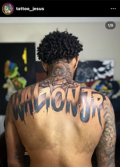 Back Tattoos For Guys Lettering, Portrait Chest Tattoo Men, Family Back Tattoos For Men, Chest Name Tattoo Men, Last Name Tattoos For Men On Back, Last Name Back Tattoos For Men, Full Stomach Tattoos Men, Lower Abdomen Tattoo Men, Road To Riches Tattoo