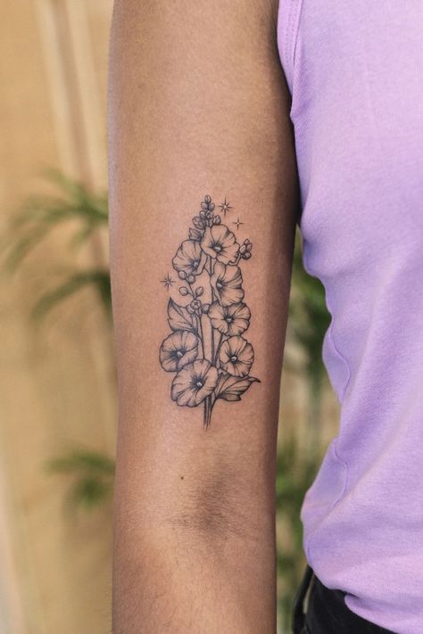 #hollyhock #flowerstattoo #flowerart #tattooidea #tattooforher Hollyhock Flower, Hollyhocks Flowers, Small Tats, Fennec Fox, B Tattoo, Family Tattoos, Unique Tattoo, Trendy Tattoos, Unique Tattoos