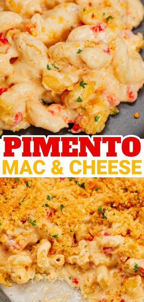 Pimento Mac and Cheese is a delicious creamy pasta recipe loaded with white cheddar, cream cheese and diced pimentos and baked with a buttery Ritz cracker topping. Pimento Cheese Pasta, Pimento Mac And Cheese, Ritz Cracker Topping, Burger Side Dishes, Ritz Cracker, Side Items, Creamy Pasta Recipes, Chicken Alfredo Recipes, Mac Cheese Recipes