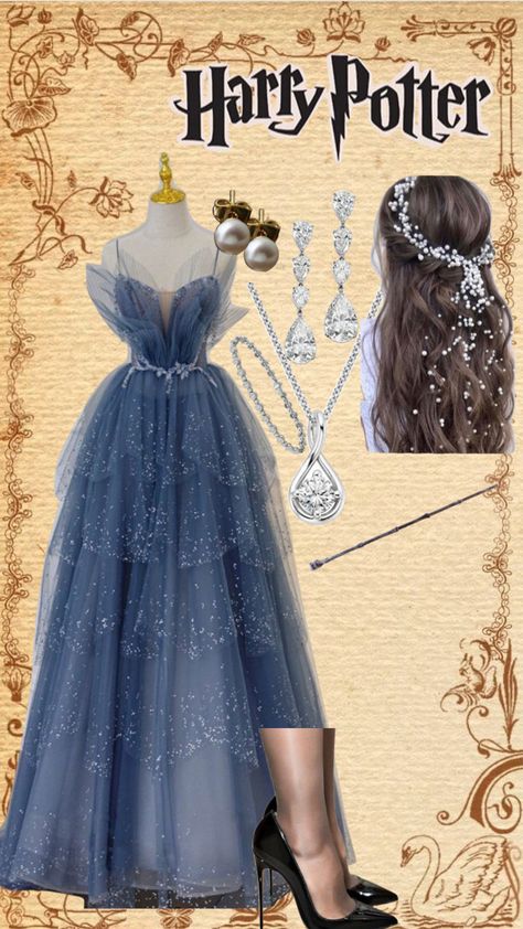 #yuleball #harrypotter #harrypotterandthegobletoffire #aesthetic Hogwarts Dresses Yule Ball, Hermione Yule Ball Dress Blue, Yule Ball Dress Blue, Luna Lovegood Yule Ball, Ravenclaw Yule Ball Gowns, Yule Ball Dress Aesthetic, Harry Potter Yule Ball Dresses, Ball Dress Aesthetic, Yule Ball Aesthetic