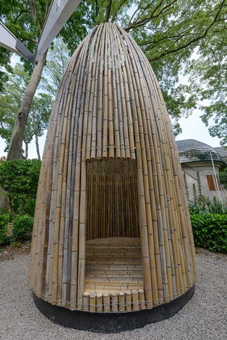 Bamboo hut | Wooden huts demonstrate regional building techniques at the Finnish Pavilion Bamboo Diy, Bamboo Building, Wooden Hut, Bamboo House Design, Bamboo Structure, Bamboo Architecture, Bamboo Construction, Bamboo Decor, Bamboo Art