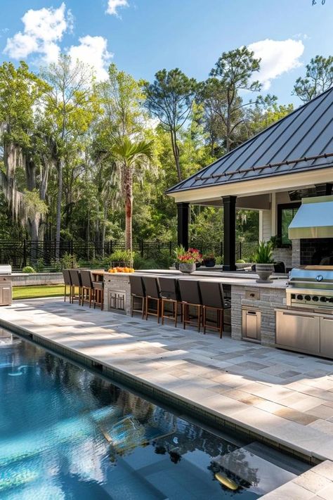 Ultimate Pool and Outdoor Kitchen Ideas Guide Poolside Kitchen Ideas, Outdoor Kitchen By Pool, Pool And Outdoor Kitchen Ideas, Small Urban Garden, Poolside Dining, Outdoor Kitchen Cabinets, Outdoor Kitchen Ideas, Cozy Patio, Backyard Entertaining