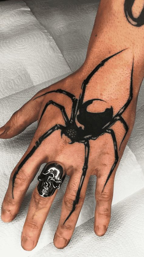 Spider Tattoo Design Images (Spider Ink Design Ideas) Spider Web Design Tattoo, Spider Art Tattoo, Spider On Elbow Tattoo, Spider Tattoos On Hand, Spider Tattoo With Shadow, Neotrad Spider Tattoo, Scary Spider Tattoo, Hand Tattoo Spider, Spider On Hand Tattoo