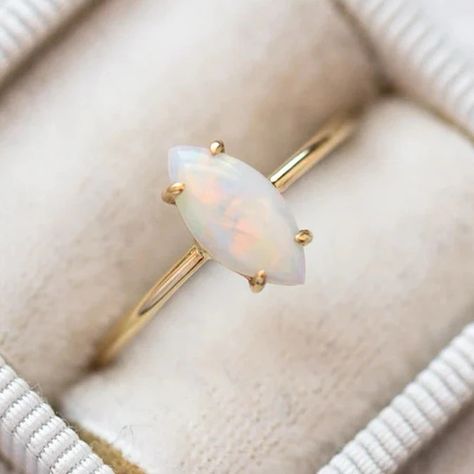 18k Gold Plated .925 Sterling Silver Opal Ring The Ring's Opal, Slightly Smaller Than Expected, Adds A Delicate Touch. This Characteristic Enhances The Overall Charm Of The Ring And Makes It An Excellent Choice For Those Who Appreciate Subtle Elegance. Marquise Opal Ring, Opal Birthstone Ring, Gold Opal Engagement Ring, Opal Engagement Ring Set, Sterling Silver Opal Ring, Silver Opal Ring, Subtle Elegance, Engagement Rings Opal, Opal Ring